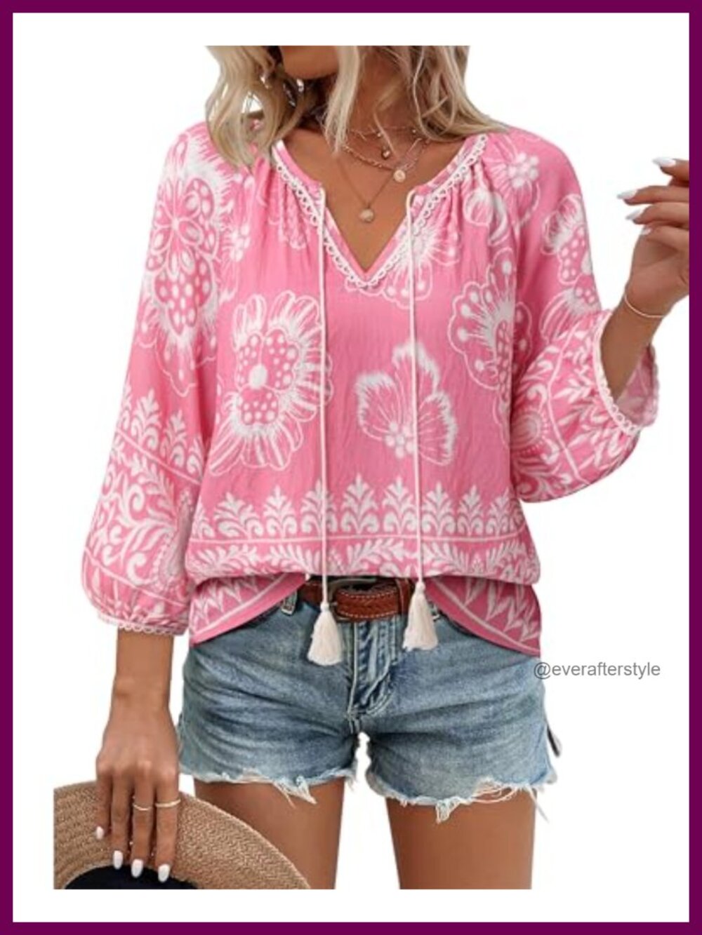 Vivilli Boho Floral Print V Neck 3/4 Sleeve Blouse